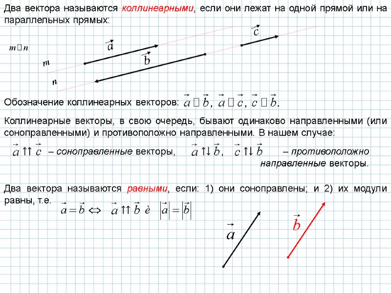 Два вектора называются коллинеарными, если они лежат на одной прямой или на параллельных прямых: